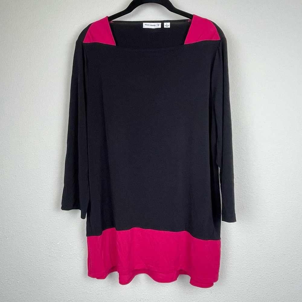 Susan Graver Women's L Tunic Black Pink Color Block 3/4โ Sleeve Hem Stretch Top
